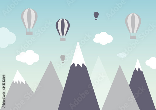 Air balloons fly in the sky over mountains. Vector background