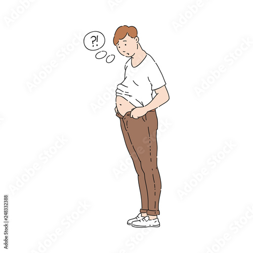 Vector flat overweight obese unhappy man sweating