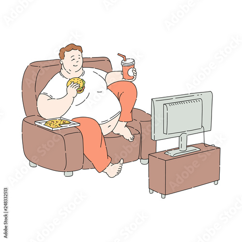 Vector flat overweight obese unhappy man fastfood