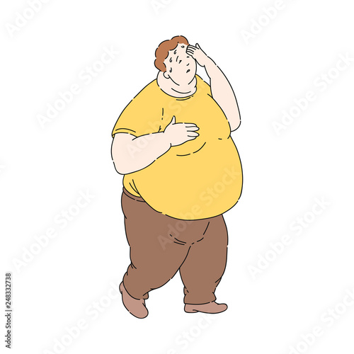 Vector flat overweight obese unhappy man sweating