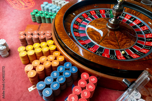 Casino roulette table with chips