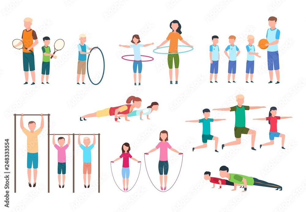 Active family. People and kids doing fitness exercises. Sports lifestyle vector flat characters