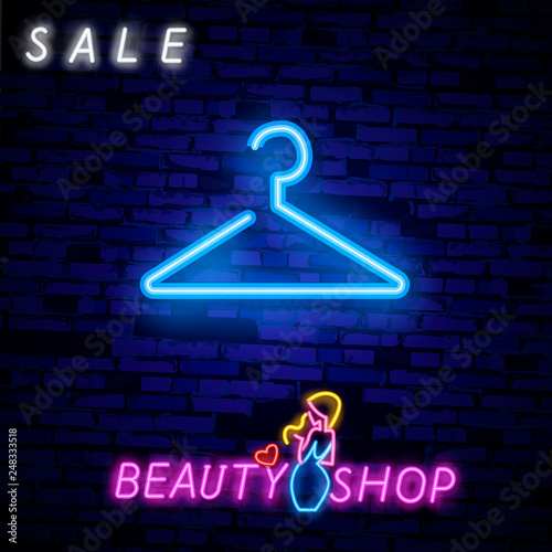 Vintage Glow Signboard with Hanger, Shopping Concept. Atelier, Checkroom, Tailor, Dressmaker, Boutique. Shiny Neon Light Poster, Flyer, Banner, Business Card. Vector 3d Illustration. Clipping Mask