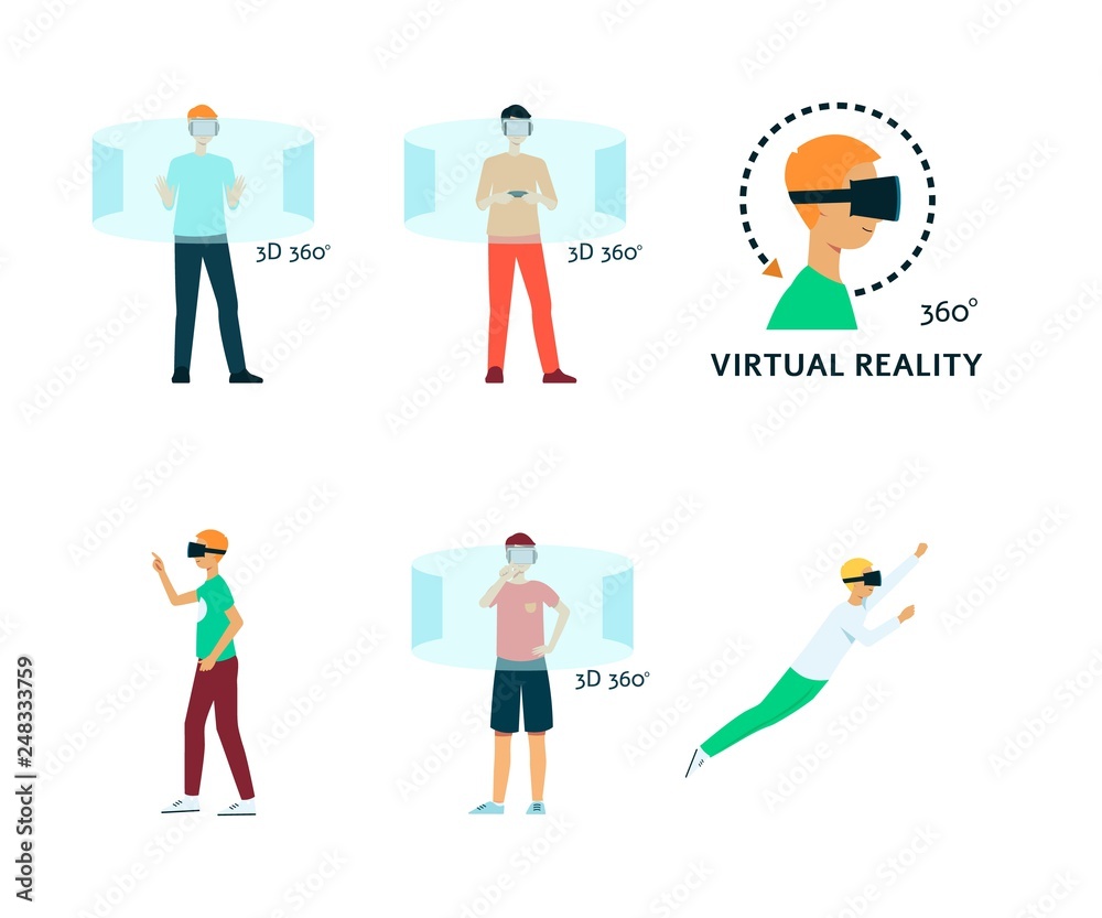 Vector flat young man in virtual reality headset Vector flat young man in virtual reality headset