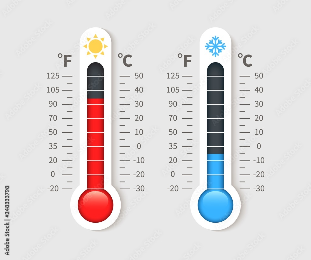 Cold warm thermometer. Temperature weather thermometers with celsius and fahrenheit  scale. Thermostat meteorology vector isolated icon Stock Vector | Adobe  Stock