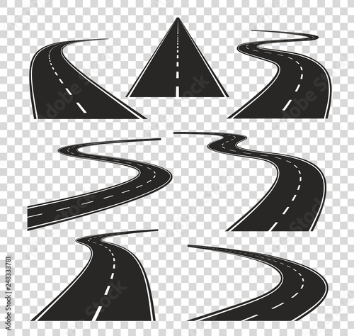 Roads in perspective. Bended pathway road curved city street to horizon. Journey asphalt highway isolated vector set photo