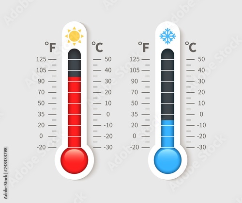 Cold warm thermometer. Temperature weather thermometers with celsius and fahrenheit scale. Thermostat meteorology vector isolated icon photo