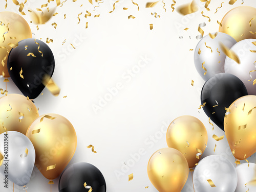 Celebration banner. Happy birthday party background with golden ribbons, confetti and balloons. Vector realistic anniversary poster