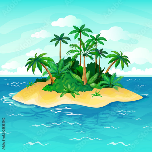 Ocean island cartoon. Palm trees sea uninhabited islands sky sand beach sun panorama view solitude tropical nature vector illustration