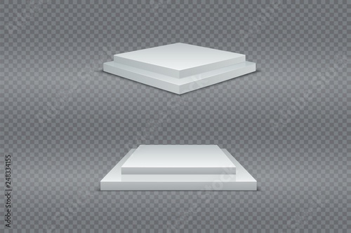 White podium set. 3d square two-stage pedestals winner. Realistic light. Advertising vector product