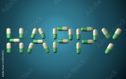 happy inscription from depression pills 3d illustration photo