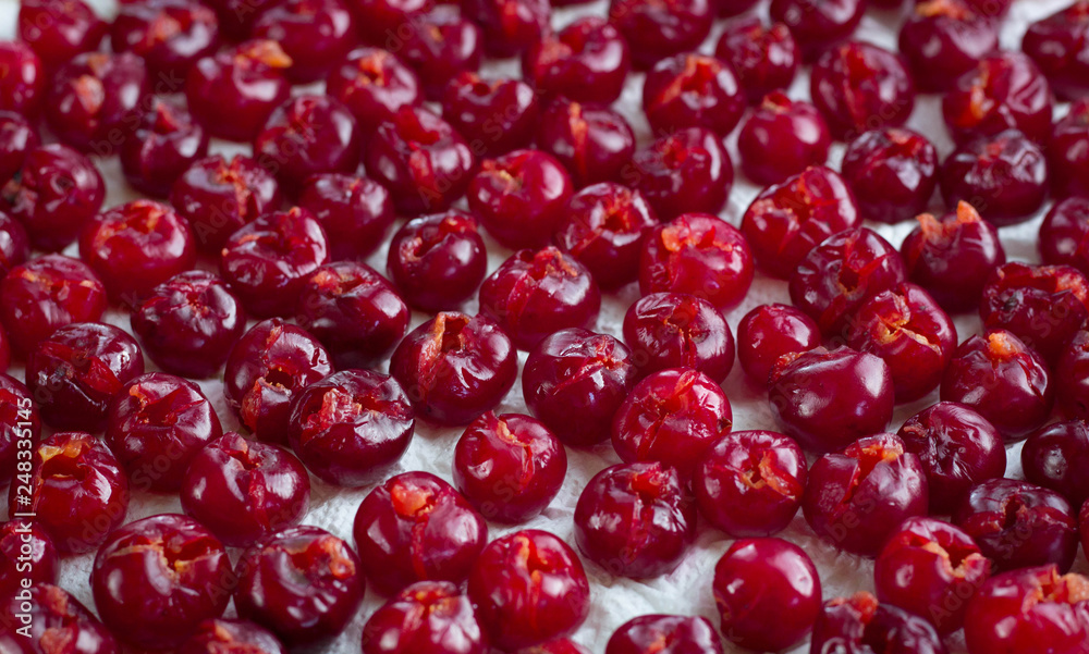 Background of fresh mellow cherries prepared for cooking for conservation Background of fresh mellow cherries prepared for cooking for conservation