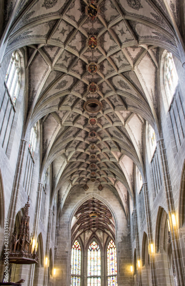 Central nave of the Berne Cathedral. Interior of the Berne Cathedral. Gothic cathedral in Bern