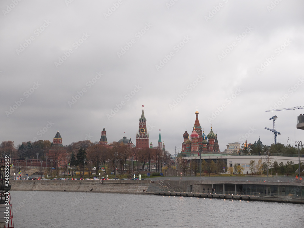 Gray and dark day moscow river bay kremlin panorama .