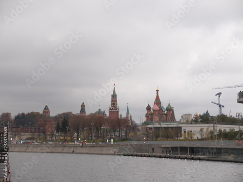 Gray and dark day moscow river bay kremlin panorama .