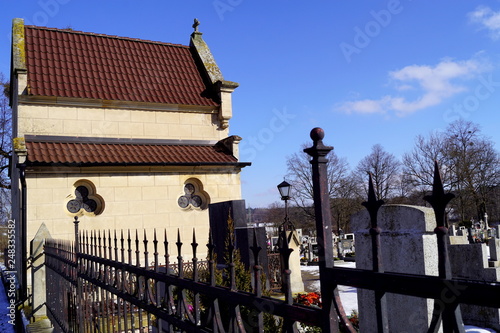 Cemetery, small tomb, fence, winter, February - Lutova, Trebonsko, South Bohemia, Czech Republic