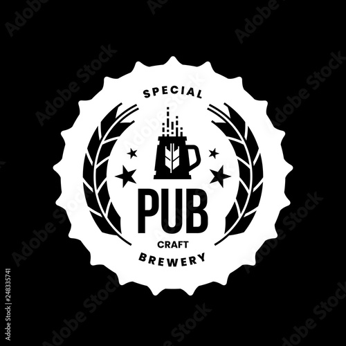 Modern craft beer drink vector logo sign for bar, pub, store, brewhouse or brewery isolated on black background. Premium quality mug logotype illustration. Brewing fest round t-shirt badge design.