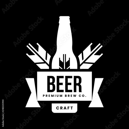 Modern craft beer drink vector logo sign for bar, pub, store, brewhouse or brewery isolated on black background. Premium quality bottle logotype illustration. Brewing emblem t-shirt badge design.