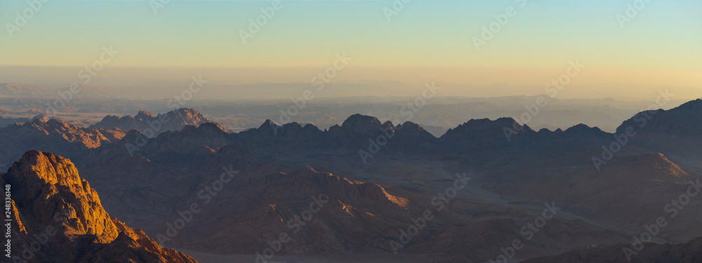 Egypt. Mount Sinai in the morning at sunrise. (Mount Horeb, Gabal Musa, Moses Mount). Pilgrimage place and famous touristic destination.