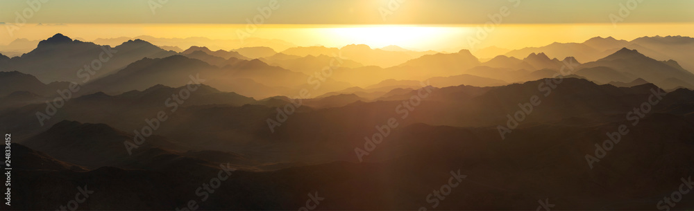 Egypt. Mount Sinai in the morning at sunrise. (Mount Horeb, Gabal Musa, Moses Mount). Pilgrimage place and famous touristic destination.