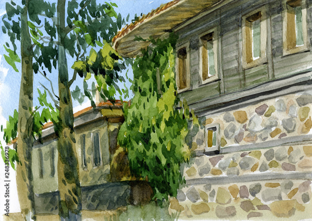 Watercolor illustration of the old town. Houses with tiled roofs.