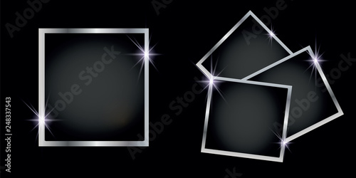 Set of silver shiny square and round frames, on white transparent background. Vector illustration