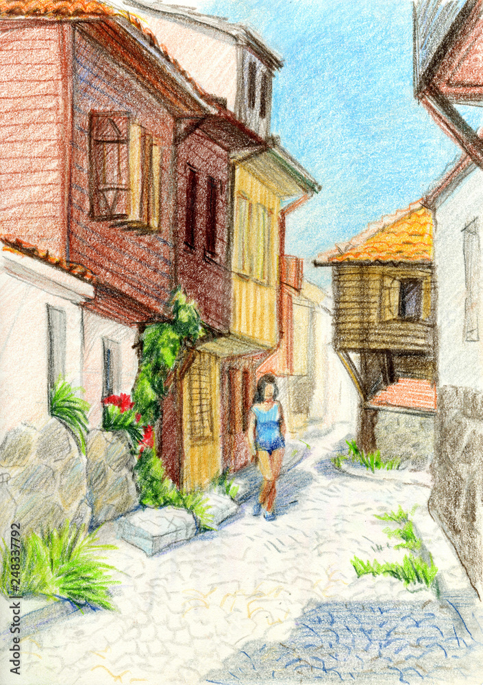 Illustration of the old town with colored pencils. Houses with tiled roofs.