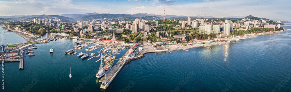 Marine station - station complex Port of Sochi in the central region of Sochi, Krasnodar Krai, Russia. Aerial view