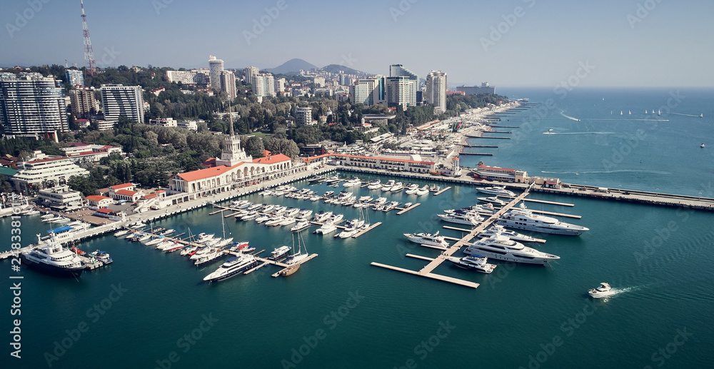 Yachts and boats anchored in the port of Sochi. Russia.Aerial view