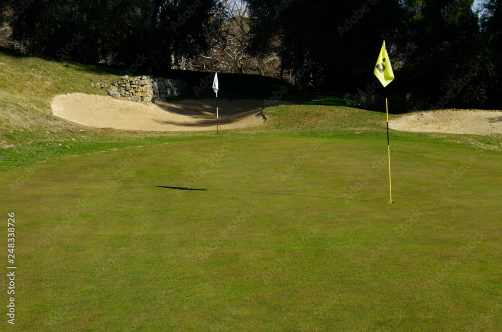Obraz premium Golf course with flag stick on a sunny day