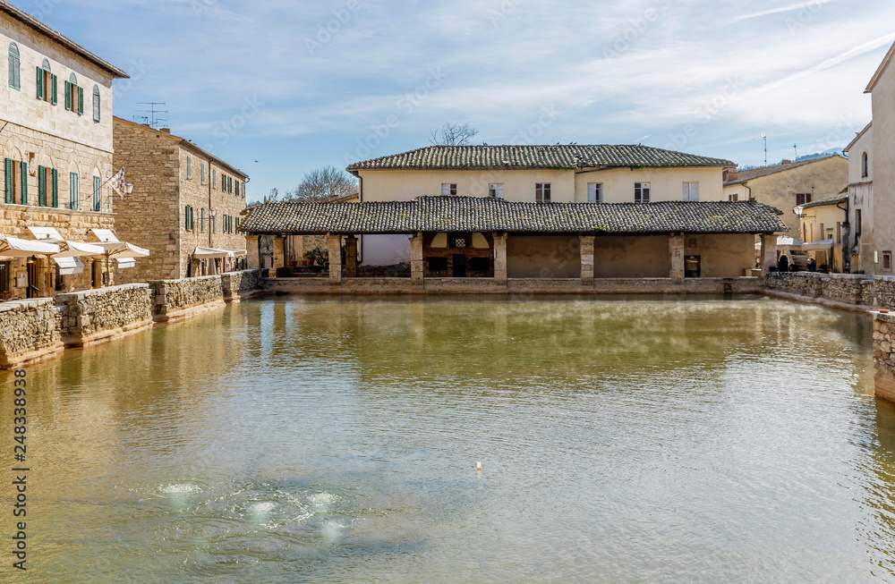 Beautiful view of the historic and thermal center of Bagno Vignoni, Siena, Tuscany, Italy
