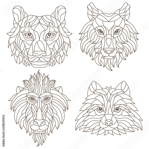 Set of contour illustrations of stained glass Windows with animal heads, tiger, wolf, monkey and raccoon