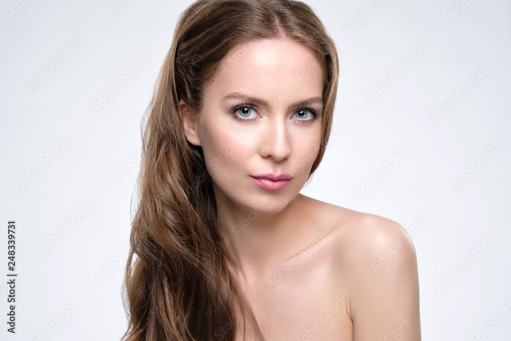Beauty portrait of female face with natural skin and make up. Beauty portrait of female face with natural skin and make up.