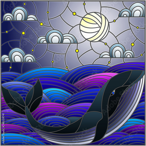 Illustration in stained glass style whale into the waves, starry sky,moon  and clouds