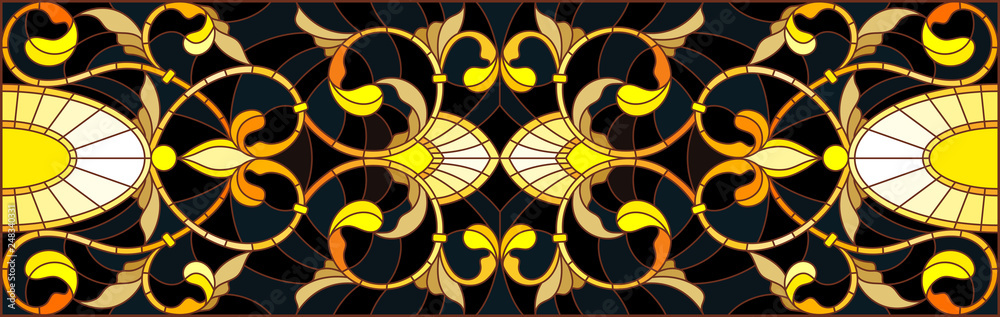 Illustration in stained glass style with floral ornament ,imitation gold on dark background with swirls and floral motifs Illustration in stained glass style with floral ornament ,imitation gold on dark background with swirls and floral motifs