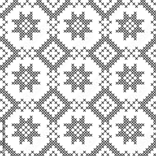 Cross stitch, seamless decorative pattern. Embroidery and knitting. Abstract geometric background. Ethnic ornaments.