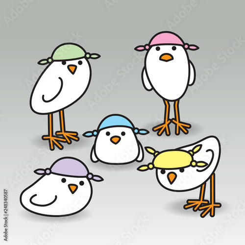 .Five White Chicks wearing Coloured Handkerchiefs on Heads