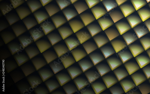 3D texture cubes at different opacity on a dark background. yellow abstract squares background.