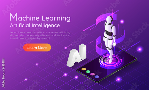 Isometric web banner personal assistant AI robot on smartphone