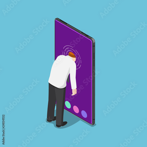 Isometric businessman push his head into smartphone