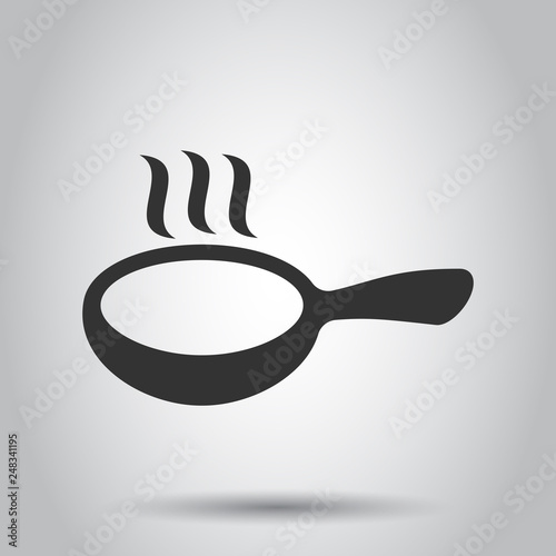 Frying pan icon in flat style. Cooking pan illustration on white background. Skillet kitchen equipment business concept.