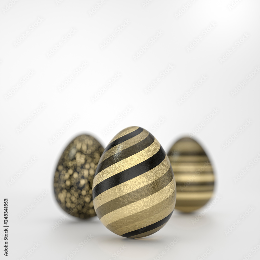Fototapeta premium Three Easter egg concept with striped golden decoration