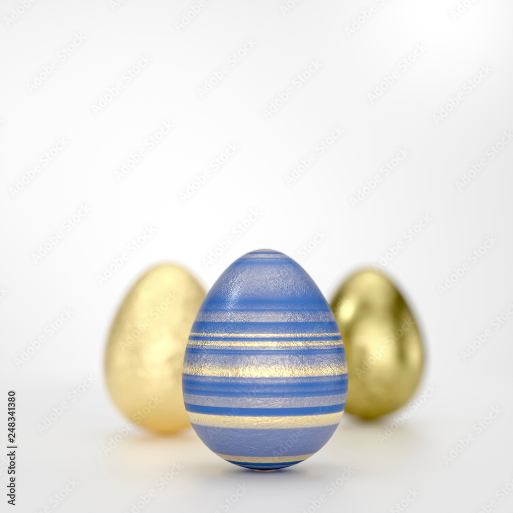 Three Easter egg concept with striped golden decoration Three Easter egg concept with striped golden decoration