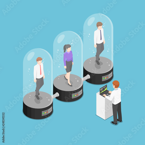 Isometric businessman checking sleeping employee inside the cryogenic capsules