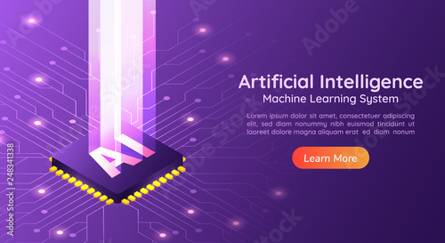 Artificial Intelligence AI with light pillar on computer circuit board