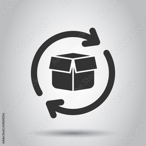 Box package return icon in flat style. Delivery box with arrow illustration on white background. Cargo shipping business concept. photo