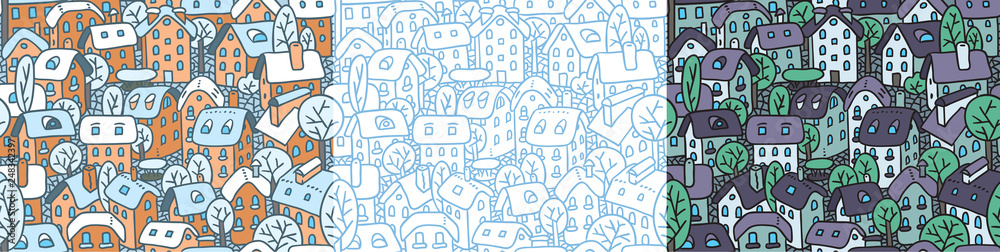 Fototapeta premium Cute seamless pattern with houses and courtyards
