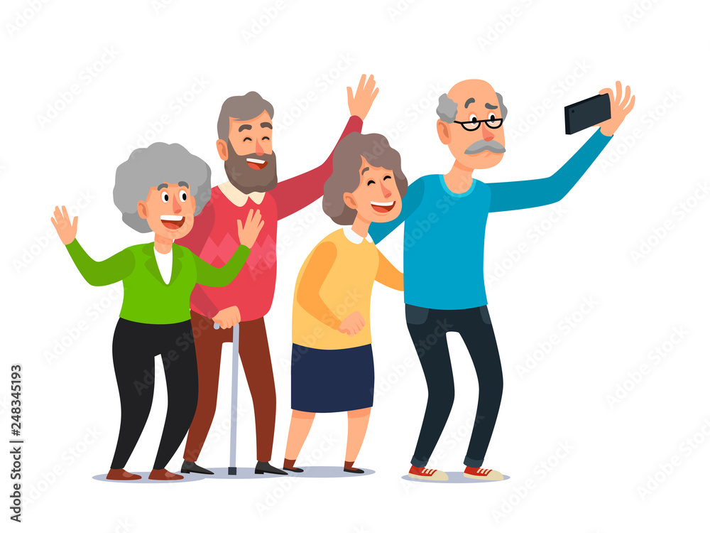 Old people selfie. Senior people taking smartphone photo, happy laughing  group of seniors cartoon illustration Stock Vector | Adobe Stock
