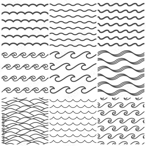 Seamless water waves pattern. Sea wave, ocean waters and wavy lake. Aqua patterns vector background collection