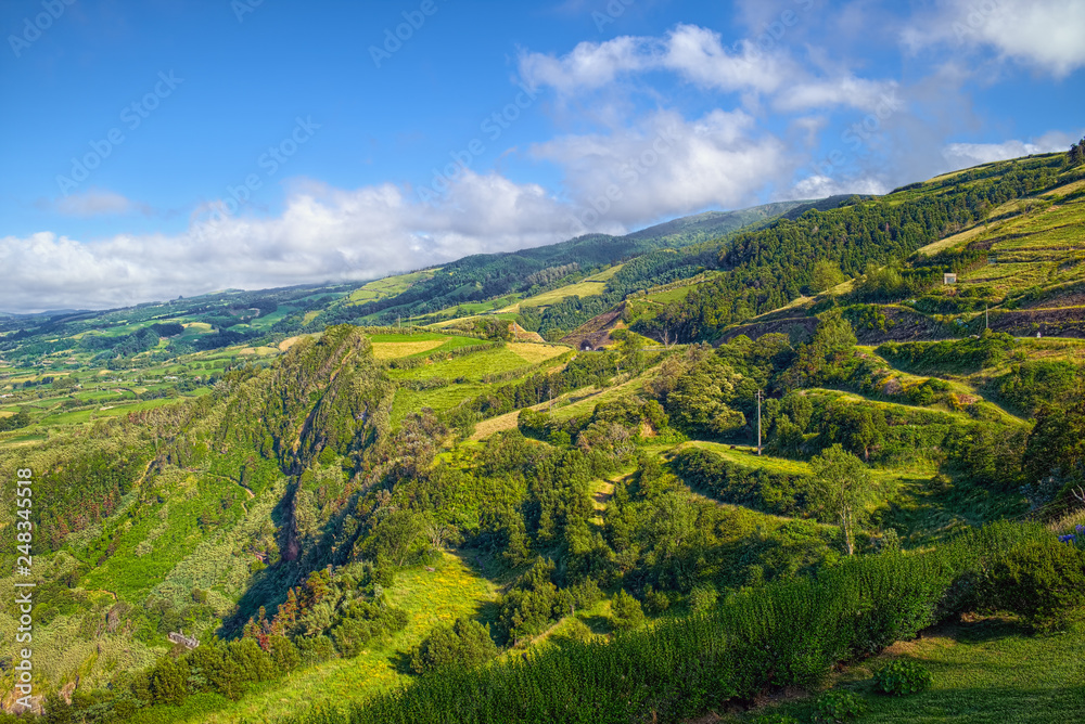 Typical green landscape on Sao Miguel island of Azores, Portugal.